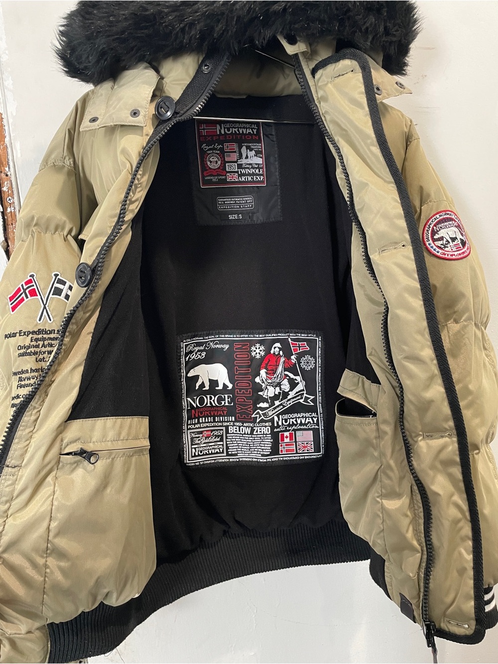 Geographical Norway Beige Jacket With Black Faux Fur Hood, Size S. View 3